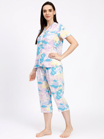 Women's Rayon Printed Night Suit Set |Stylish Co-Ord Set | Short Sleeve Pajama Set |Sleepwear Set| Summer Nightwear|Printed Shirt & Payjama Set