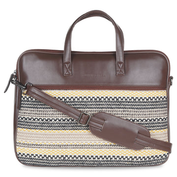 13"-14" Laptop Bag – Jacquard & PU with Padded Laptop Compartment (Dark Brown)