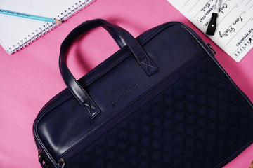 13"-14" Laptop Bag – Quilted Velvet & PU with Padded Laptop Compartment (Navy Blue)