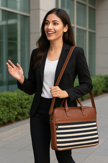 13"-14" Laptop Bag – Jacquard & PU with Padded Laptop Compartment (Brown)