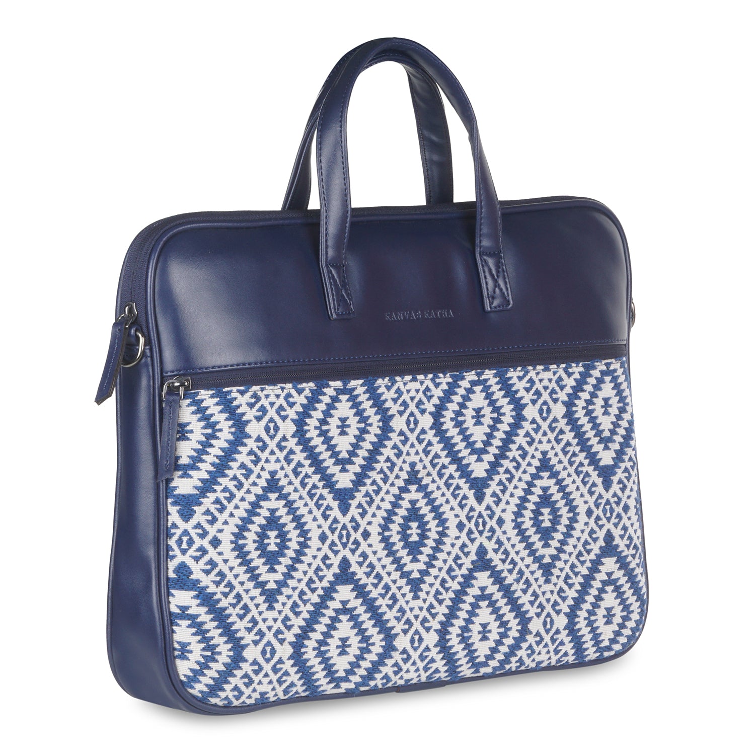13"-14" Laptop Bag – Jacquard & PU with Padded Laptop Compartment (Navy Blue)