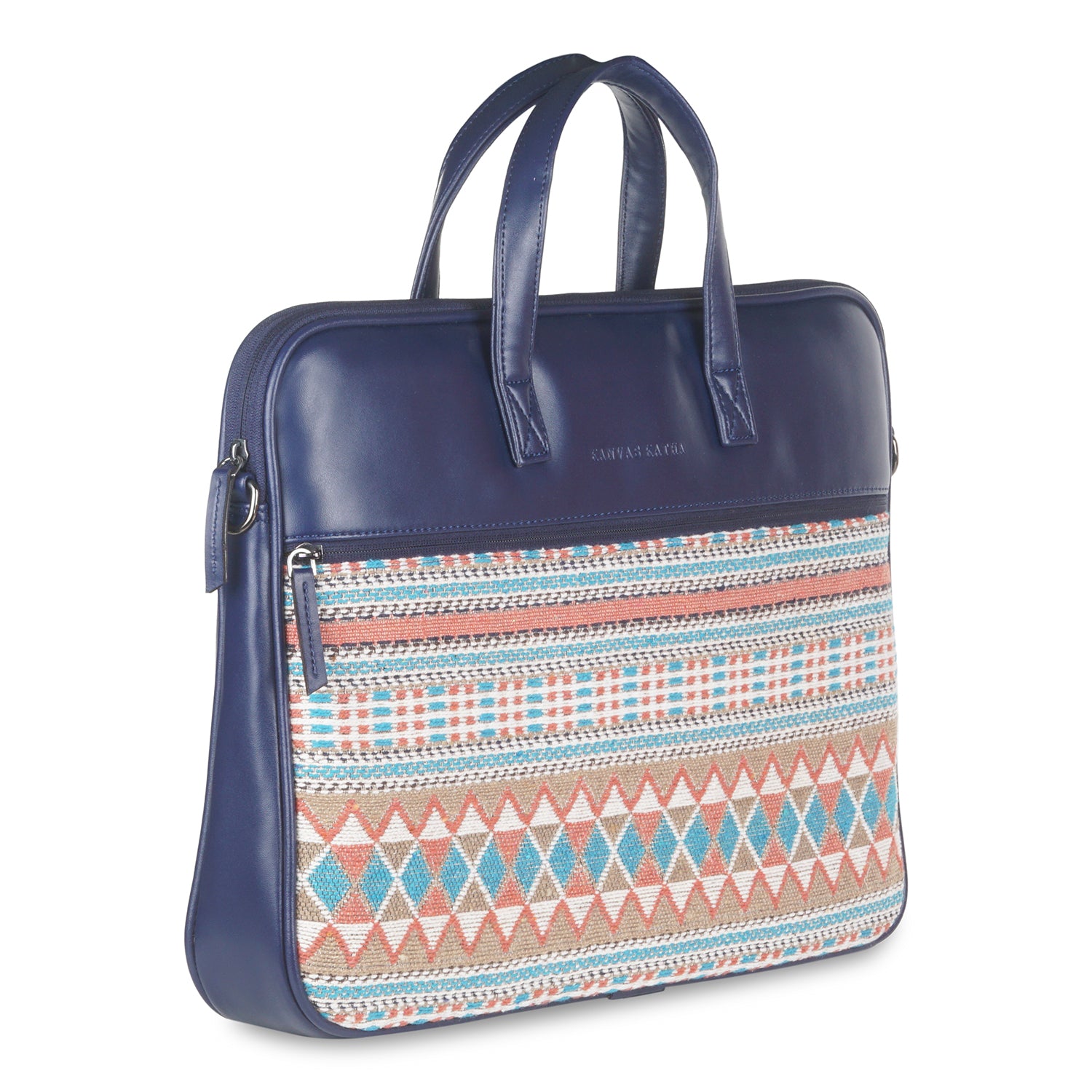 13"-14" Laptop Bag – Jacquard & PU with Padded Laptop Compartment (Navy Blue)