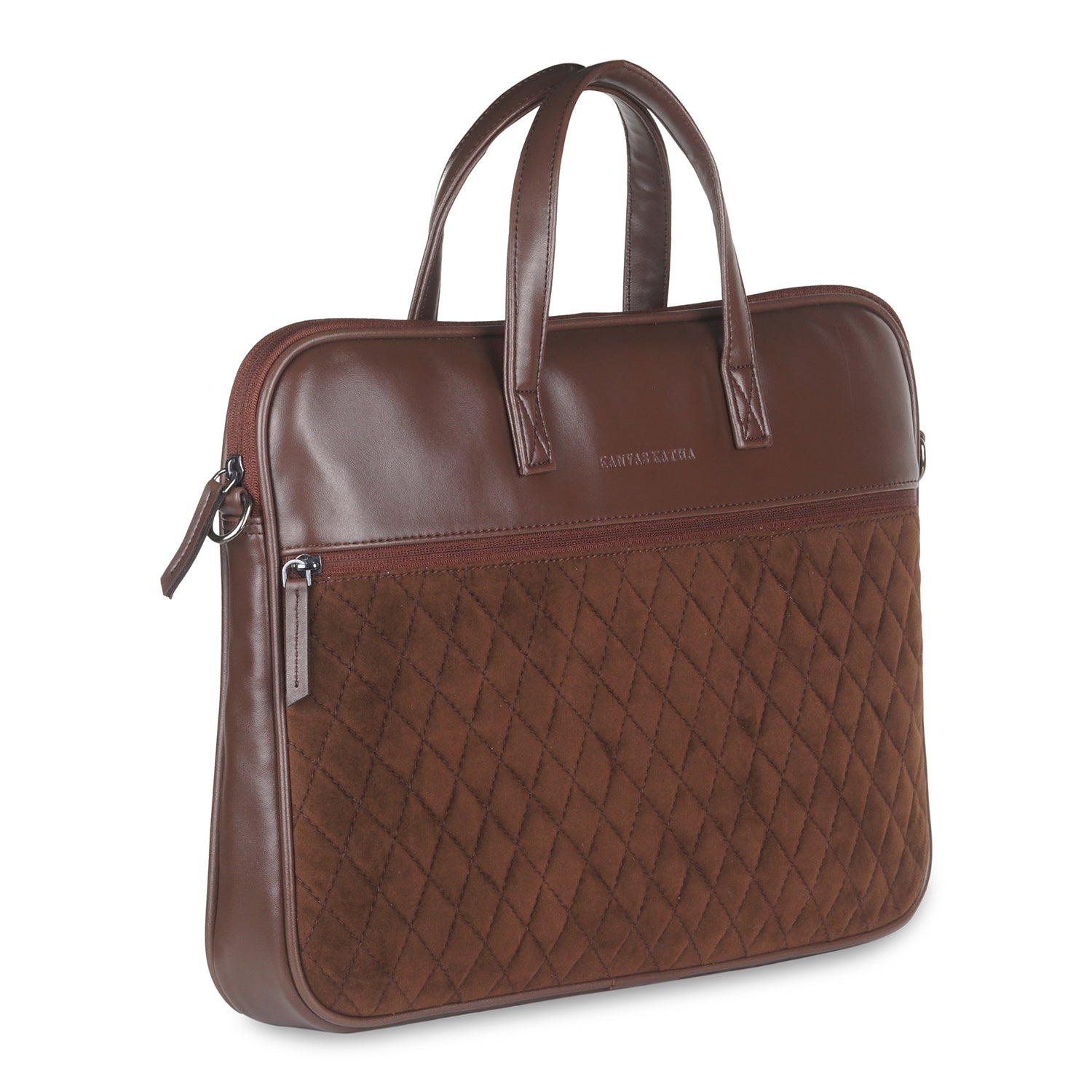 13"-14" Laptop Bag – Quilted Velvet & PU with Padded Laptop Compartment (Dark Brown)