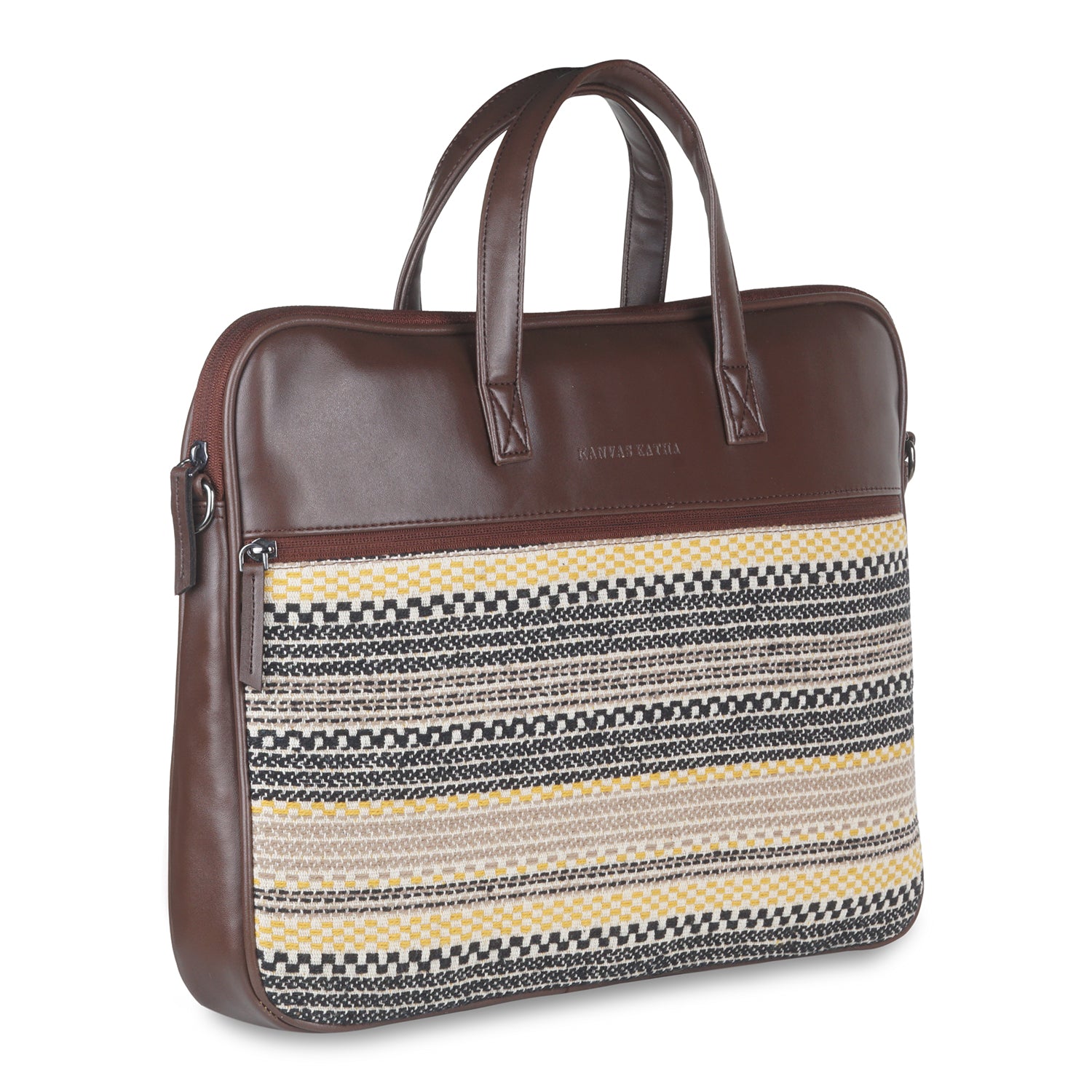 13"-14" Laptop Bag – Jacquard & PU with Padded Laptop Compartment (Dark Brown)